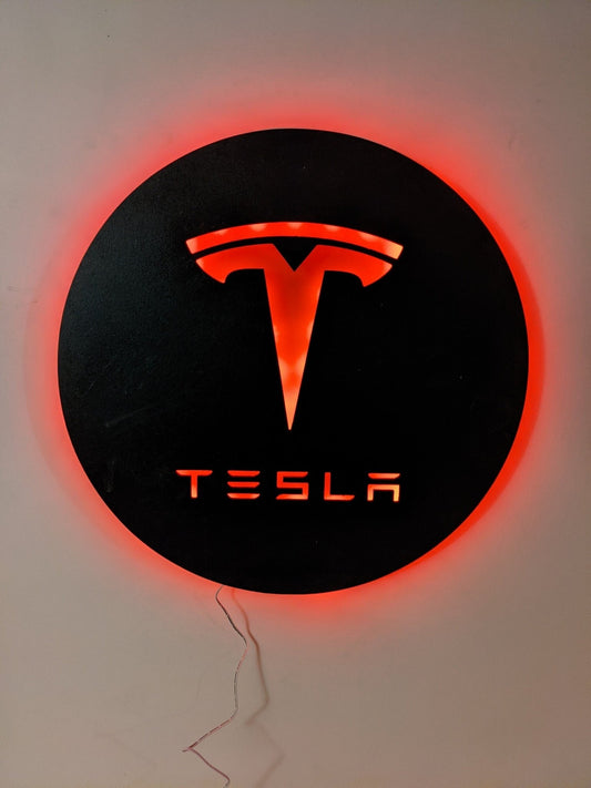 Illuminated Tesla Logo LED Wall Art, Glow in the dark wall art, Game Room Decor, Nerdy Decor, LED decoration, Custom Sign Gift - TitanOakDecor